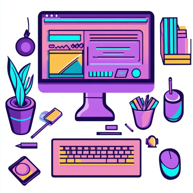 Foto farbige flache schicht von desktop-computer mit tastatur maus pflanze bleistifte und andere büroartikel