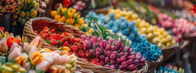 Farbige frische Blumen in gewebtem Korb zum Verkauf auf dem Blumenmarkt Sortiment frischer Frühlingsblumen