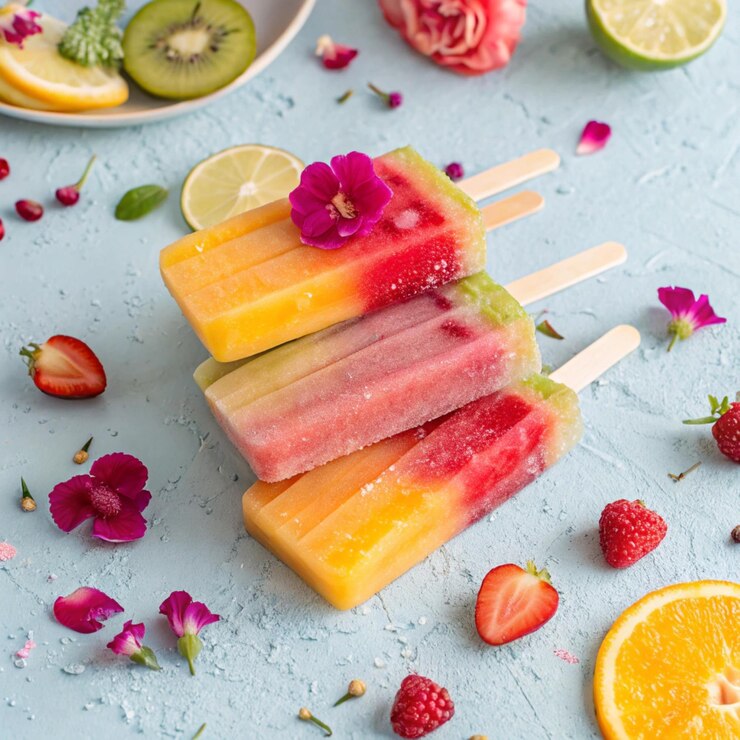 Farbige Fruchtkekse mit frischen Beeren und Blumen