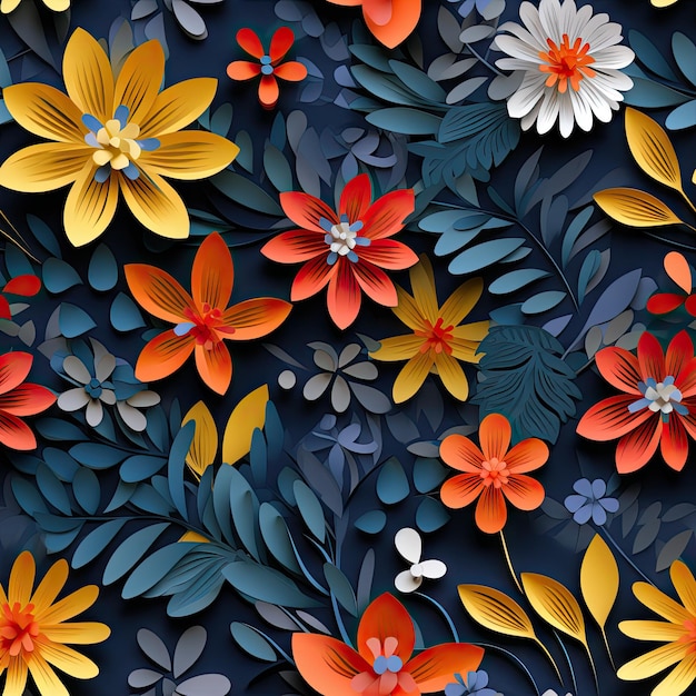 Farbige Frühlingsblumen und Blätter aus Papier, nahtloses Muster, helles Blumendesign
