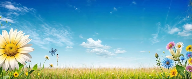 Farbige Frühlingsblumenwiese mit blauem Himmel und Wolken auf einem natürlichen Hintergrund