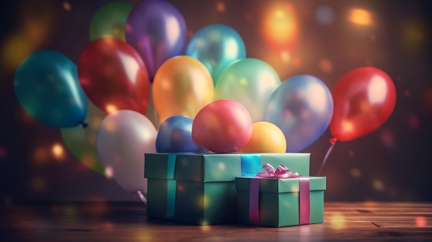 Farbige Geschenkkiste mit Ballons auf dem Hintergrund