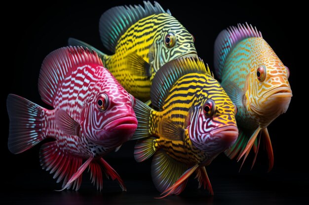 Farbige gestreifte Fische auf dunklem Hintergrund