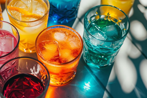 Farbige Getränke in durchsichtigen Gläsern mit Schatten auf einer hellen Oberfläche