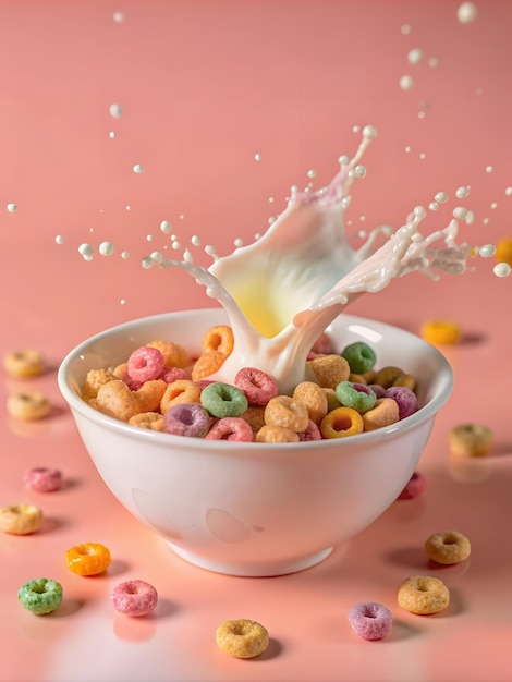 Farbige Getreide in einer Schüssel mit Milch, die auf einem weichen Hintergrund isoliert ist