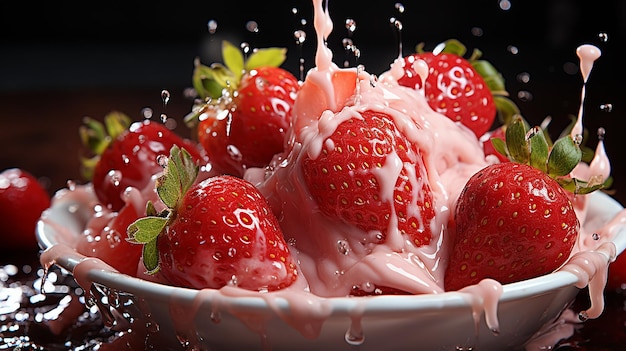Farbige helle Illustration, die Erdbeeren in crembreiter Beerenbanner reklamiert, generiert von AI