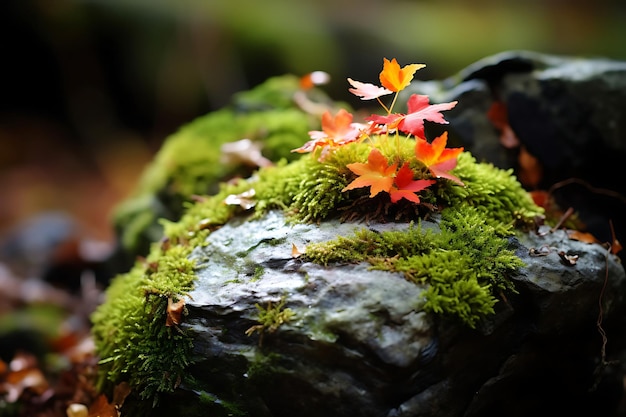 Farbige Herbstblätter auf einem mit Moos bedeckten Felsen