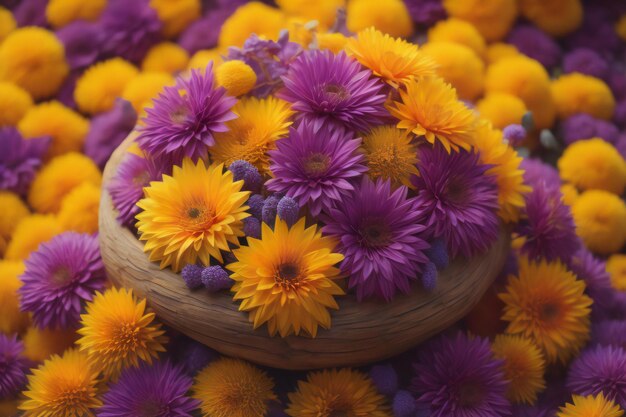 Farbige Herbstblumen in einer Holzschüssel Selektiver Fokus generativer Ai