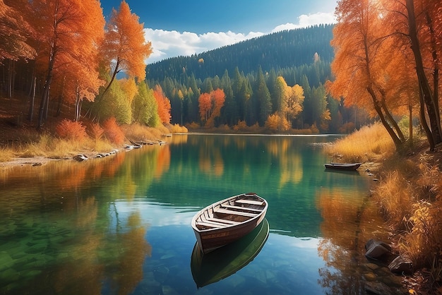 Farbige HerbstlandschaftNaturhintergrundBoot auf dem See im Herbstwald