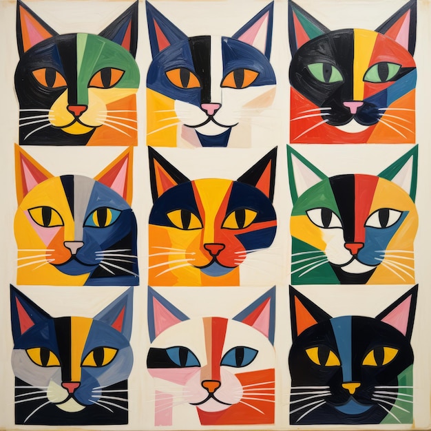Farbige Katzenporträts, inspiriert von Gerd Arntz und Henri Matisse
