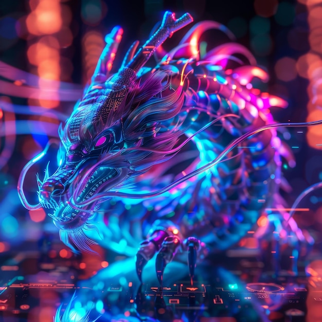 Farbige KI-Drachen bewachen digitale Neon-Schätze