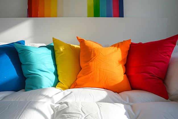 Foto farbige kissen auf einem bett in einem schlafzimmer closeup