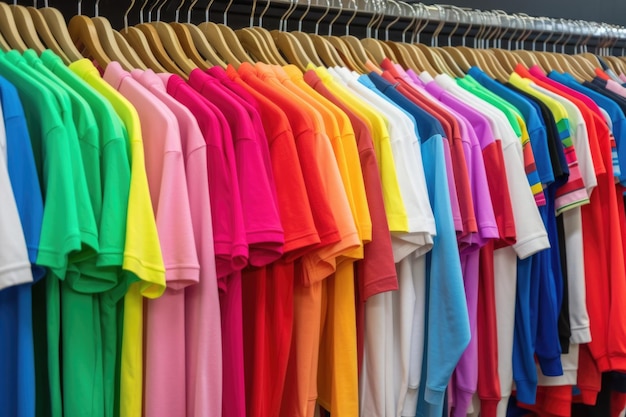 Farbige Kleidungsstände in einem Einzelhandelsgeschäft, die mit generativer AI erstellt wurden