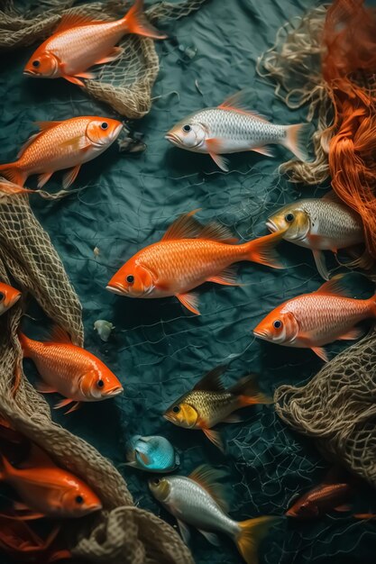 Foto farbige kleine fische mit fischernetzen