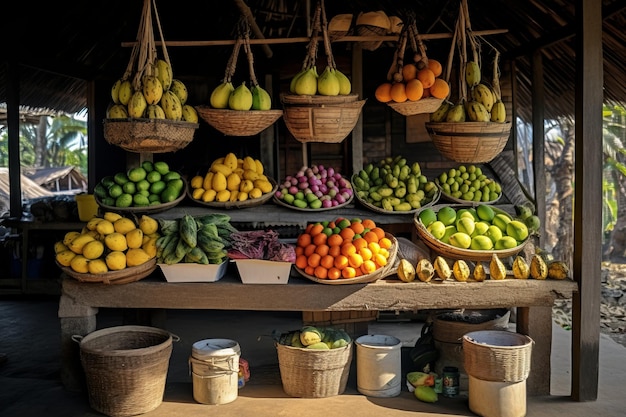 Farbige Köstlichkeiten erkunden Bojonegoros lebendigen Obstladen am Straßenrand im Jahr 2023