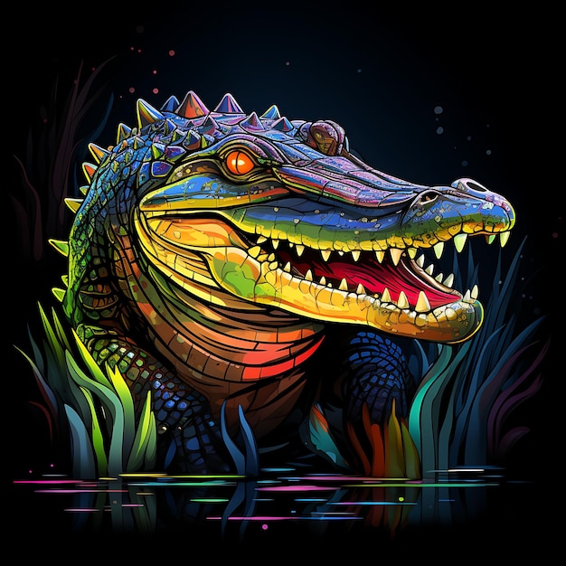 Farbige Krokodil-Sumpf-Serenität Zerrte Neon-Linien Wasserlilie Kiefer Y2K Gradient-Lichtkunst