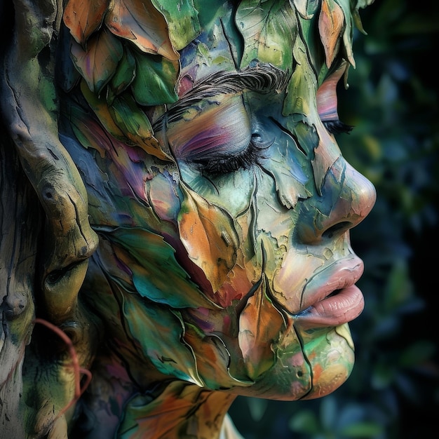 Farbige künstlerische Darstellung eines menschlichen Gesichts mit Naturelementen