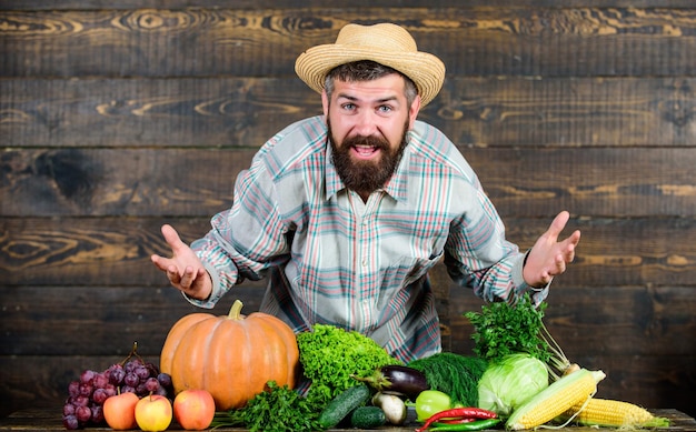 Farbige kulinarische saisonale Vitaminnahrung Nützliches Obst- und Gemüse-Erntefestival Bio-Naturnahrung glücklicher Halloween bärtiger reifer Bauernmann Koch mit reichhaltiger Herbsternte kulinarisches Konzept