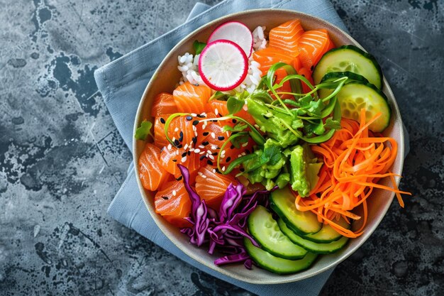 Foto farbige lachs-poke-schüssel mit avocado-gemüse und reis