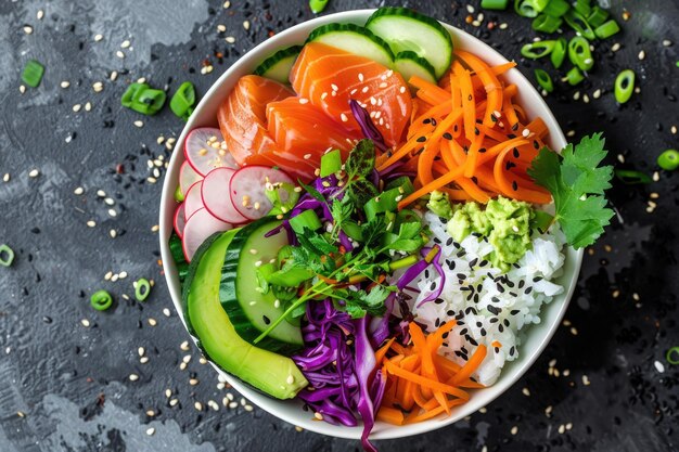 Farbige Lachs-Poke-Schüssel mit Avocado-Gemüse und Reis