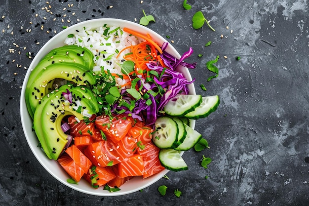 Farbige Lachs-Poke-Schüssel mit Avocado-Gemüse und Reis