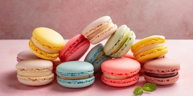 Farbige, leckere Macarons auf rosa Hintergrund