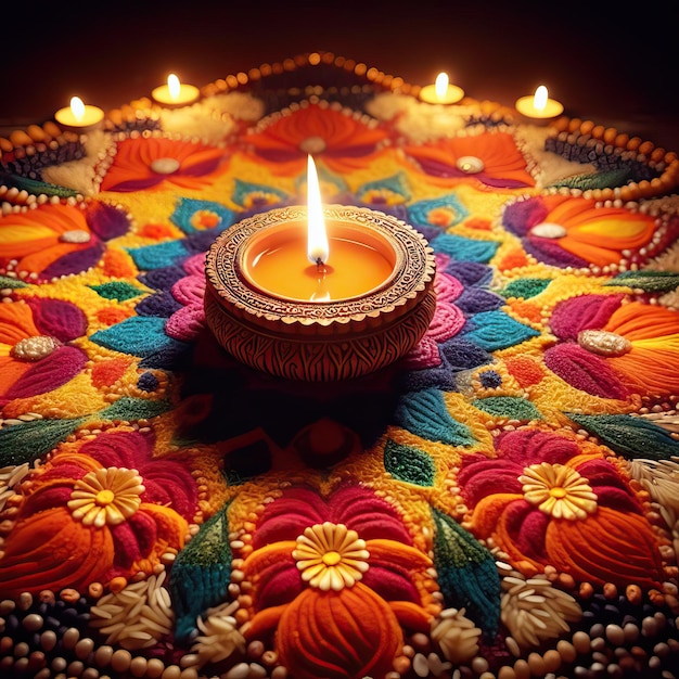 Farbige Lehm-Diya-Lampen mit Blumen auf lila Hintergrund Happy Diwali Indian Generative AI