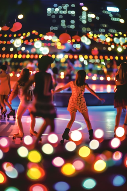 Farbige Lichter erleuchten die Eisbahn, während Skater zu Disco-Beats fahren, die die Welt umarmt.