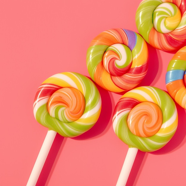 Farbige Lollipop-Anzeige Nahauf als Hintergrundtextur auf rosa Für soziale Medien Postgröße