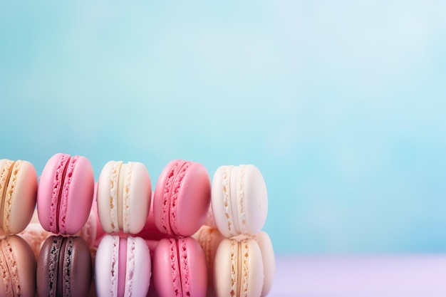 Farbige Macaroons auf blauem Hintergrund mit Kopierraum