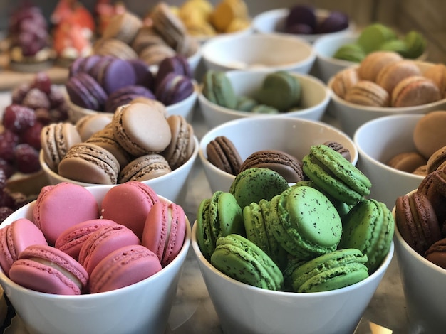 Farbige Macaroons Französischer Kuchen auf farbenfrohen Hintergründen