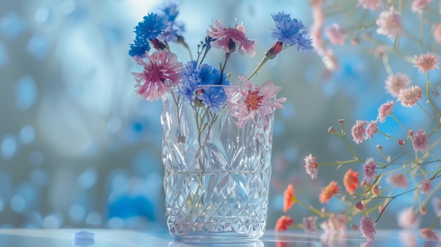 Farbige Maisblumen in einer Glasvase auf blauem Hintergrund