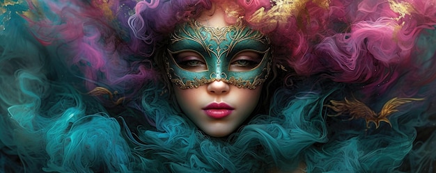 Farbige Masken und Kostüme beim traditionellen Karneval in Venedig Schöne Frau in mysteriöser Maske