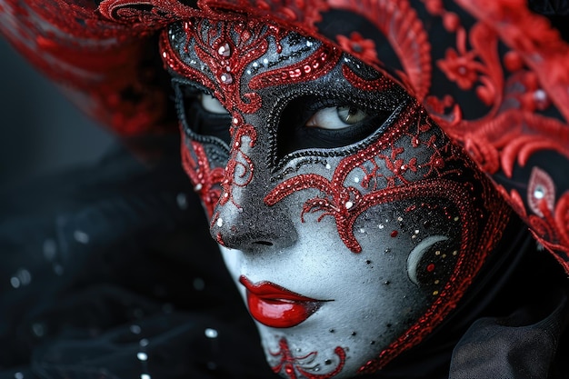 Farbige Masken und Kostüme beim traditionellen Karneval in Venedig Schöne Frau in mysteriöser Maske