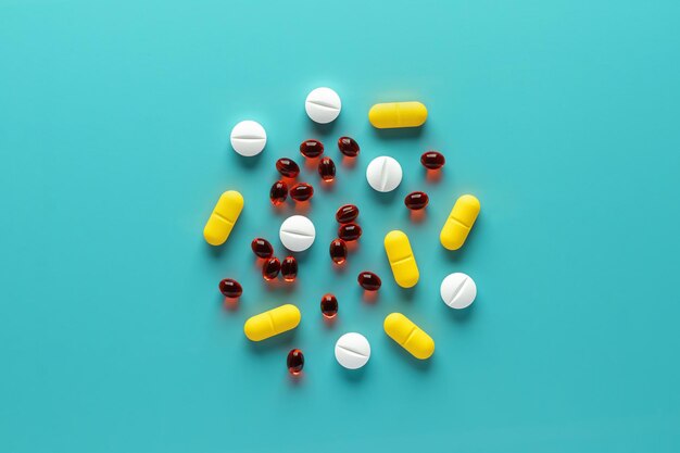 Foto farbige medizinische pillen auf blauem hintergrund verschiedene tabletten nahaufnahme top-view haufen verschiedener nahrungsergänzungsmittel schöne muster zentrale zusammensetzung minimales design vitamine e und d