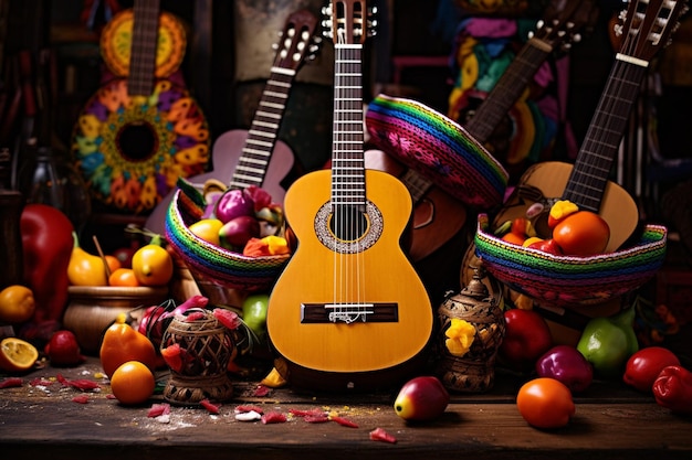 Farbige mexikanische S mit Maracas und Gitarre