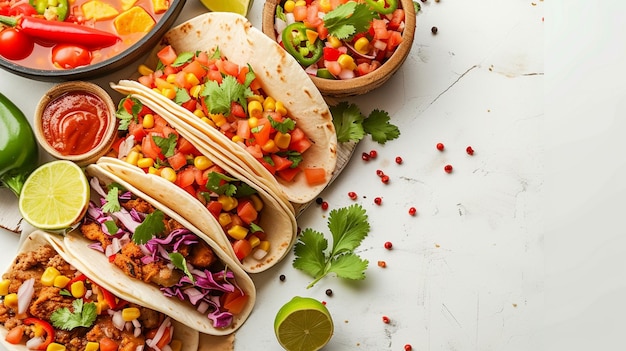 Foto farbige mexikanische tacos mit frischem gemüse und huhn auf weißem hintergrund