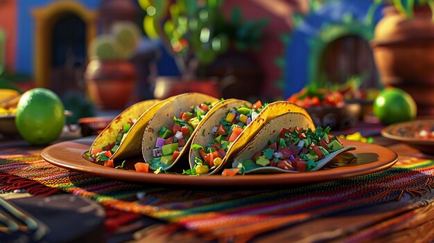 Foto farbige mexikanische tacos mit salsa und guacamole auf dem teller