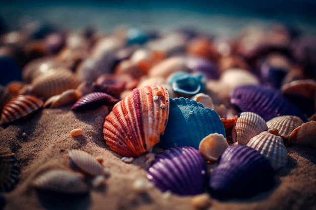 Farbige Muscheln auf dem Strandsand Generative KI