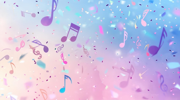 Farbige Musiknoten und Konfetti auf einem pastellfarbenen Hintergrund schaffen eine freudige und festliche Atmosphäre