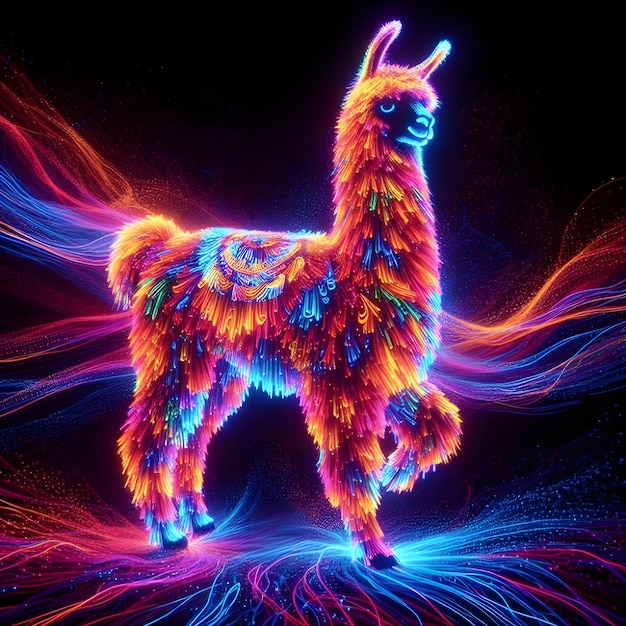 Farbige Neon-Lama-Silhouette aus Millionen von ultraleuchtenden Neon-Saiten