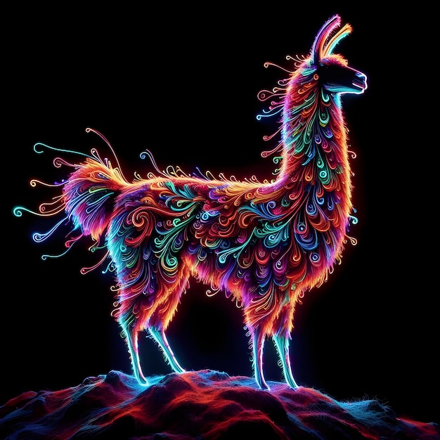 Farbige Neon-Lama-Silhouette aus Millionen von ultraleuchtenden Neon-Saiten