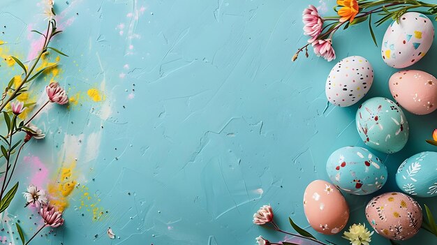 Farbige Ostereier, die mit Blumen auf einem pastellblauen Hintergrund geschmückt sind, feiern den Frühling mit festlichen Dekorationen, die perfekt für Urlaubsthemen sind.