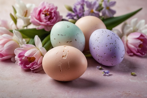 Farbige Ostereier in einem Nest mit Blumen