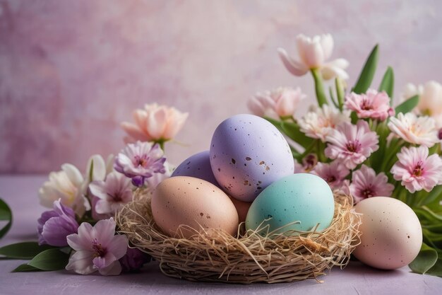 Farbige Ostereier in einem Nest mit Blumen