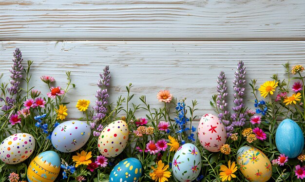 Farbige Ostereier mit Blumen auf einem rustikalen hölzernen Hintergrundbanner