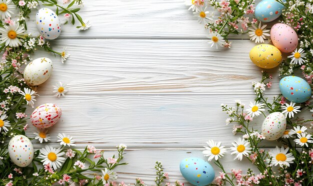 Foto farbige ostereier mit blumen auf hölzernem hellen hintergrund glückliches osternkonzept