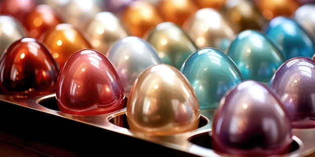 Farbige Ostereier mit glänzenden Perlenmuscheln in einer Schachtel