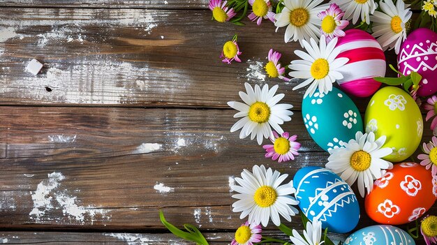 Farbige Ostereier und Frühlingsblumen auf Holz