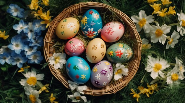 Farbige Osterquallen-Eier im Nest und Tulpen auf beige Stein-Hintergrund mit flachen Frühlings-Kompositionen